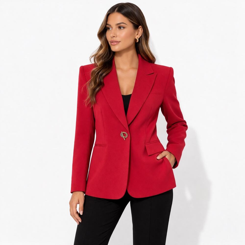 Tahari ASL Petite Women's Red Blazer Jacket Single Gold Tone Button Size 14P